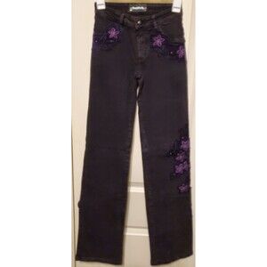 BrazilRoxx Embellished Embroidered Jeans BR 36/US 0 Black Purple - NEW W/O Tags